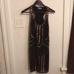 Beaded, black and gold party dress